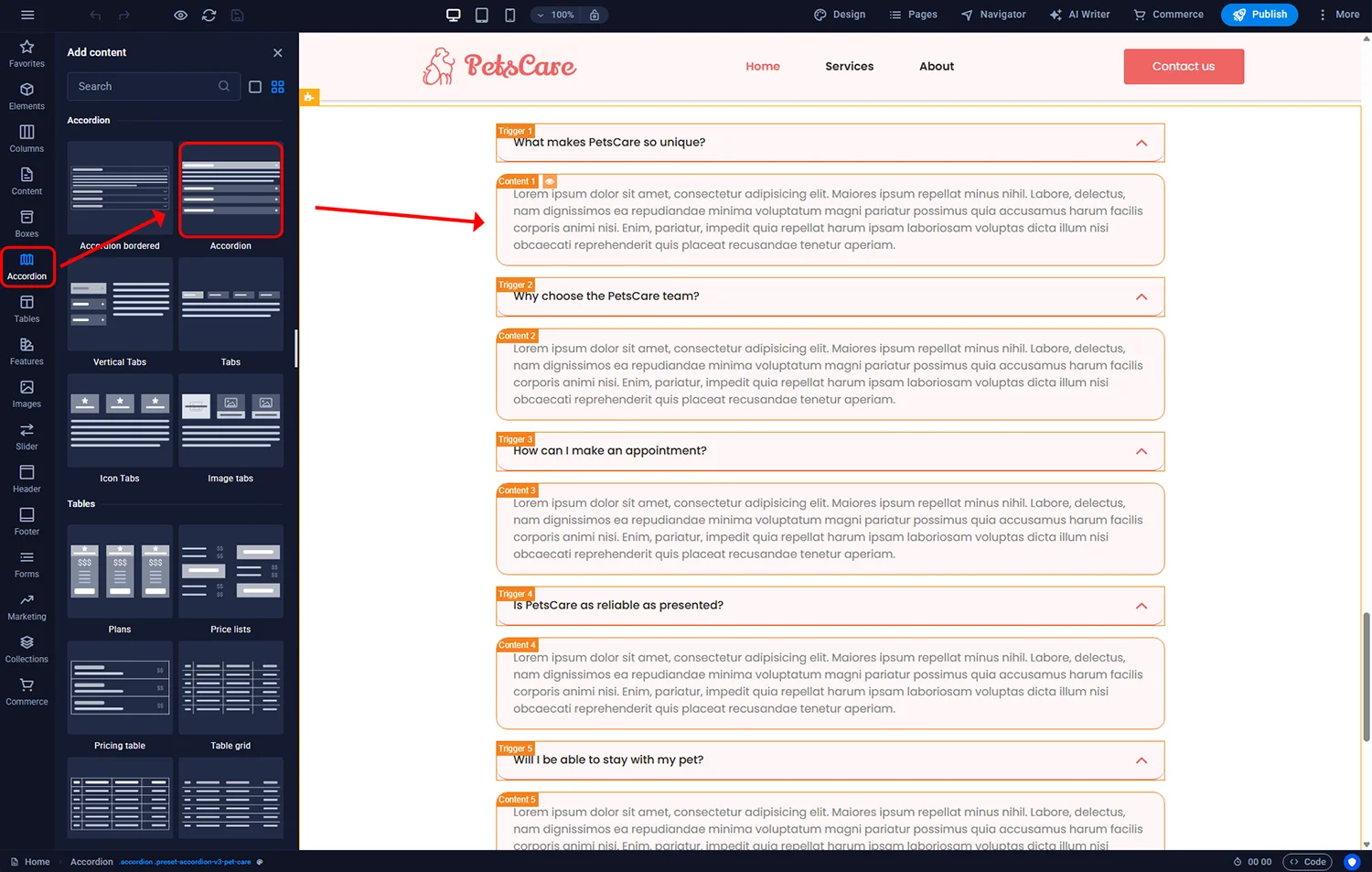 Adding an accordion in Sitejet Builder