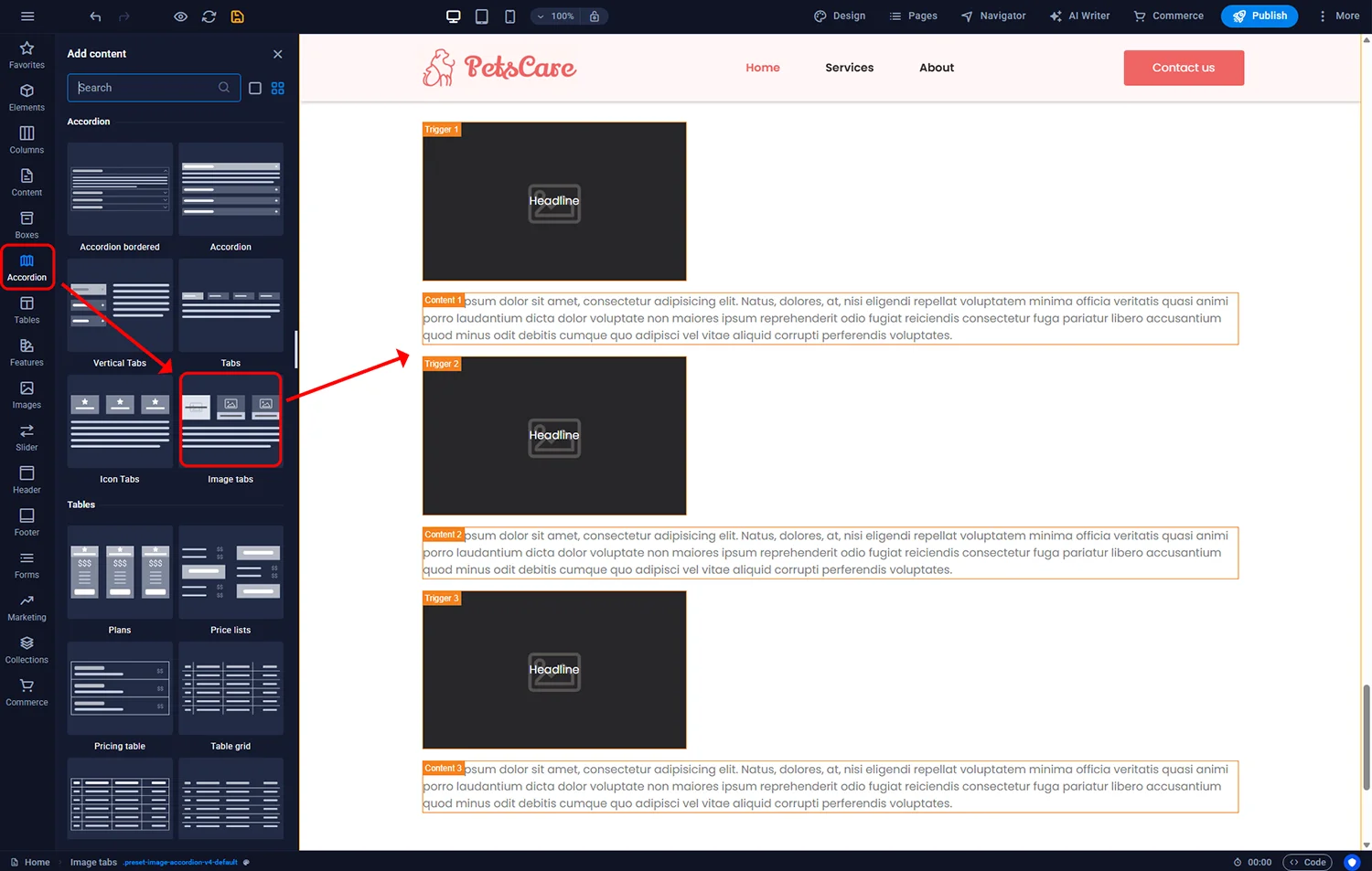 Image Tabs element for image-driven accordion