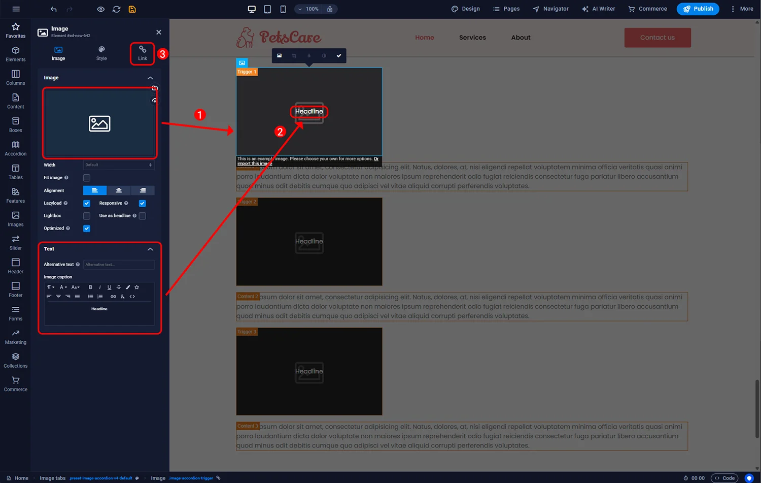 Image Tabs element in the editor