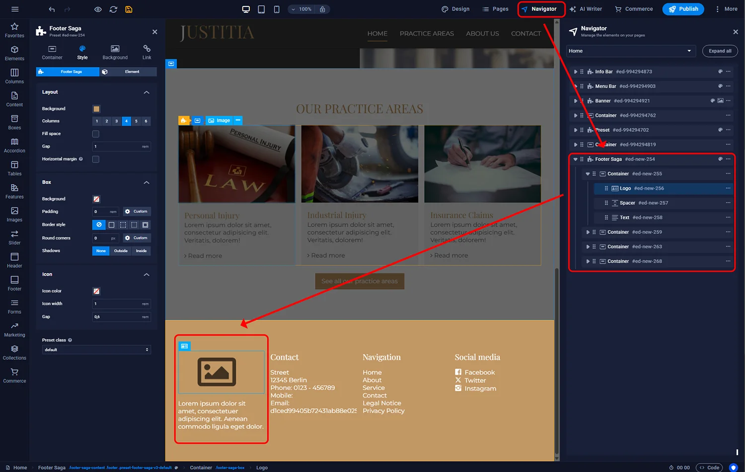 Editing footer content and settings