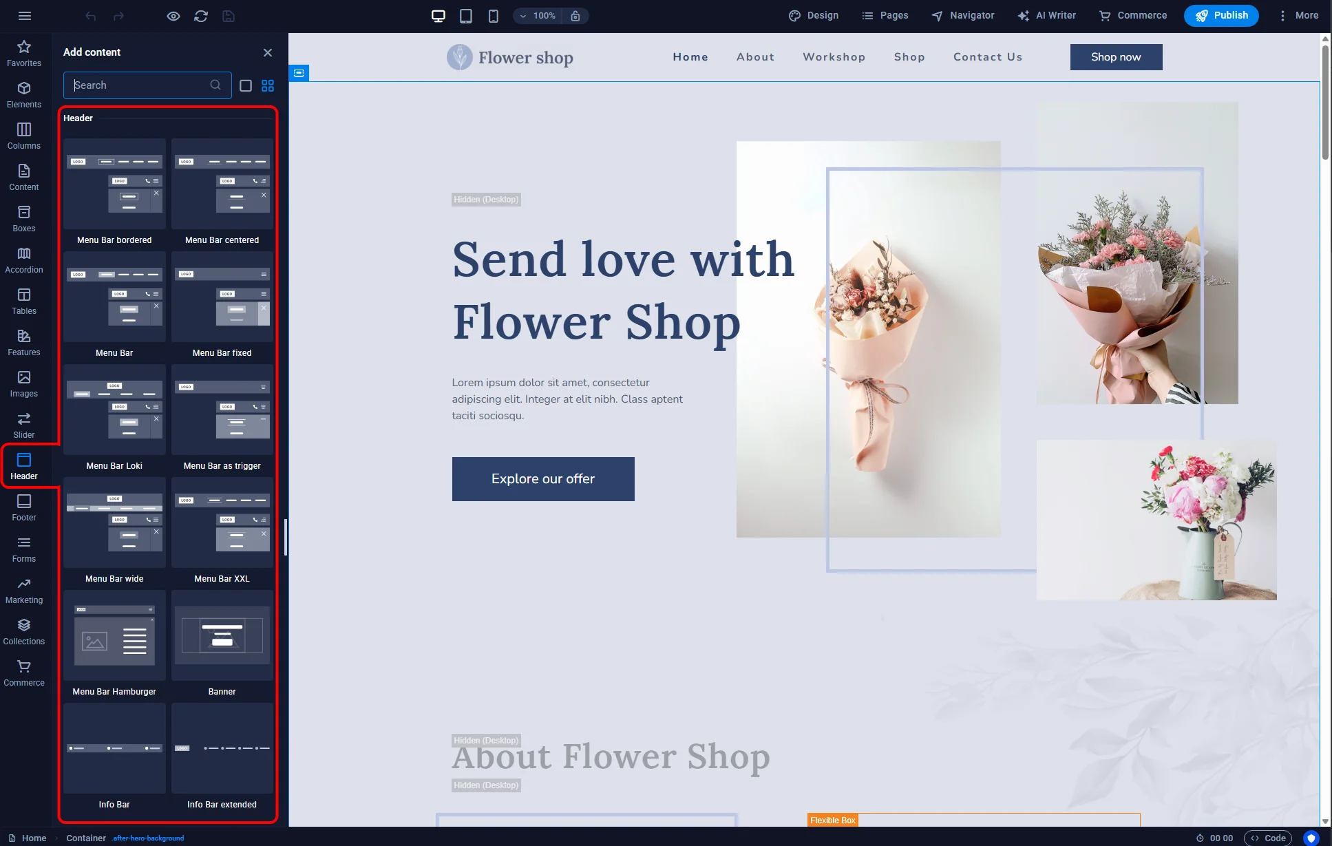 Adding a header to the page in Sitejet Builder
