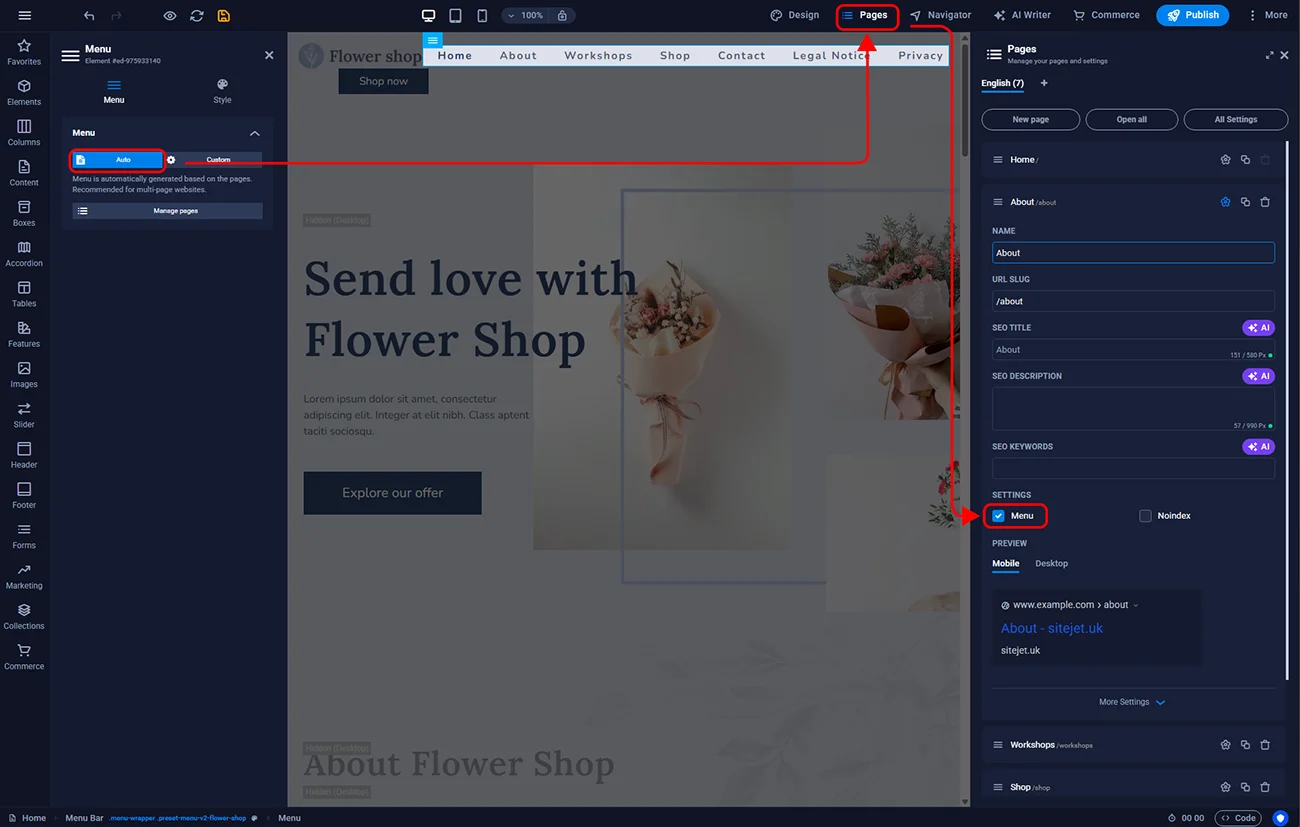 Auto menu configuration in Sitejet Builder