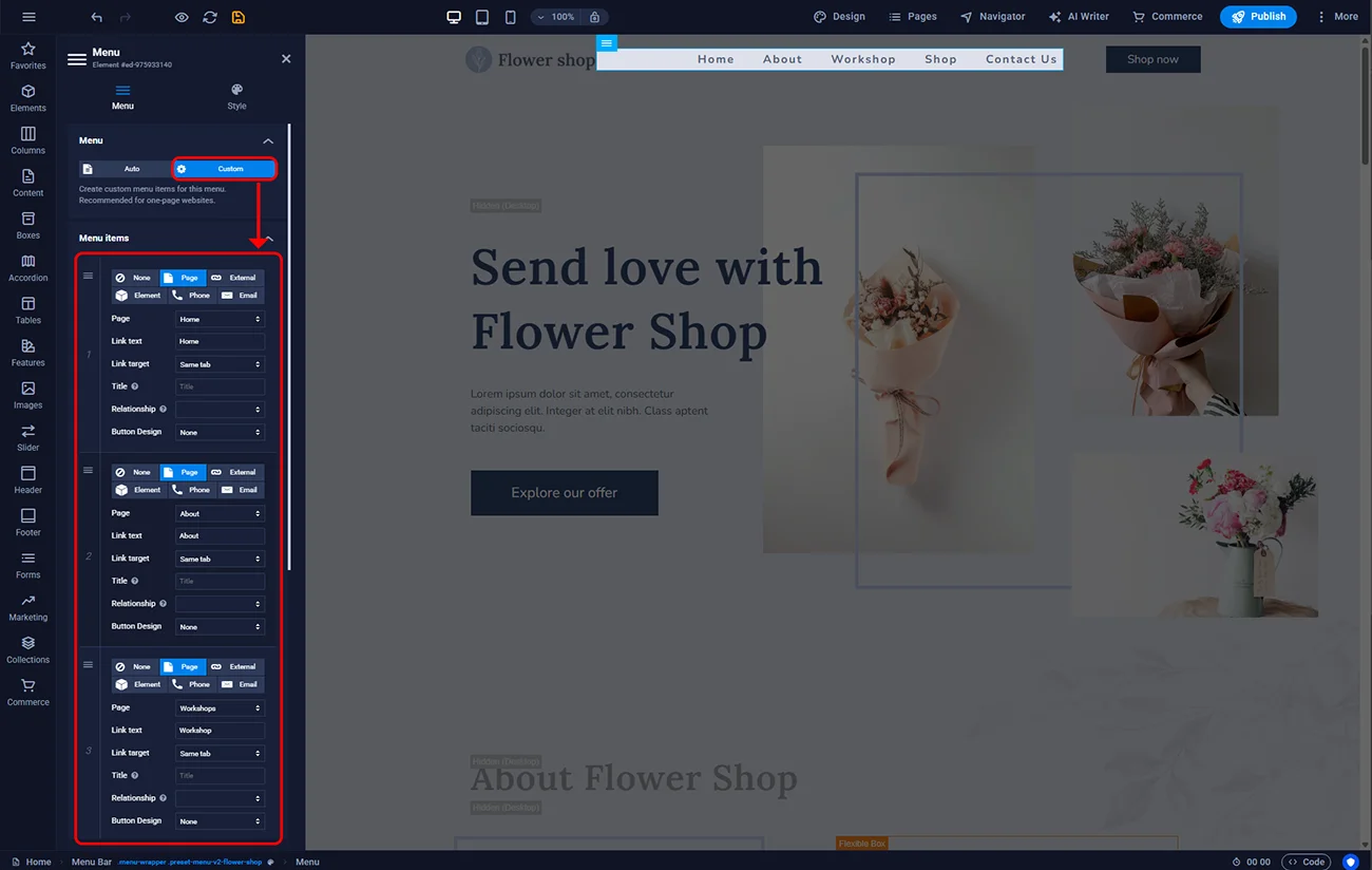 Custom menu configuration in Sitejet Builder