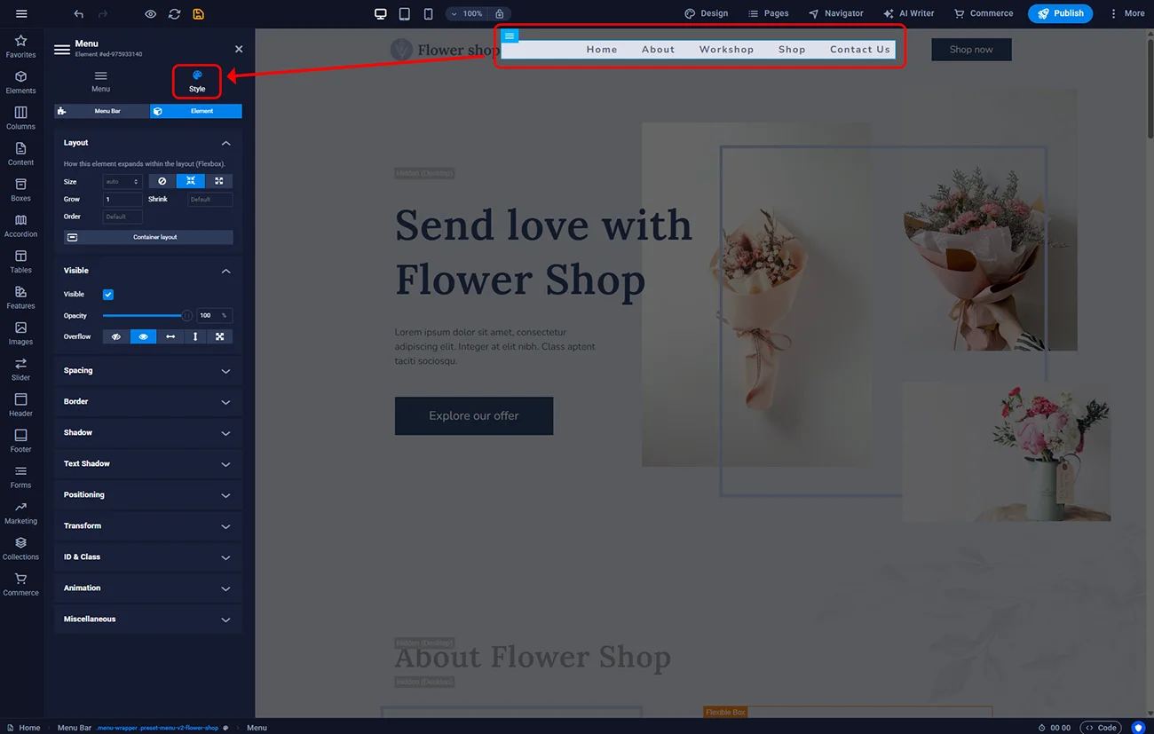 Menu styling options in Sitejet Builder