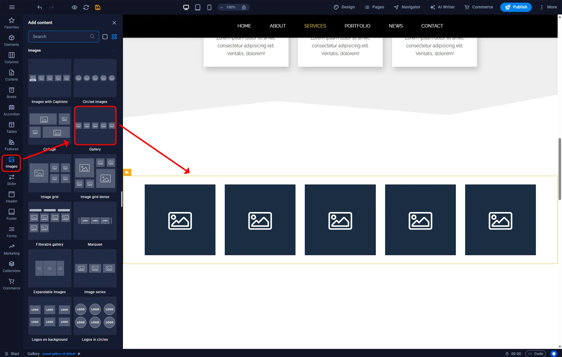 Adding a gallery element in Sitejet Builder