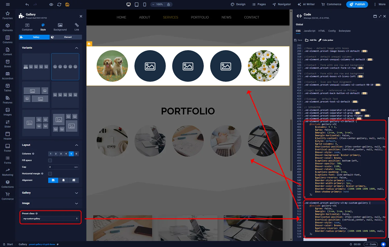 Gallery CSS preset class setting
