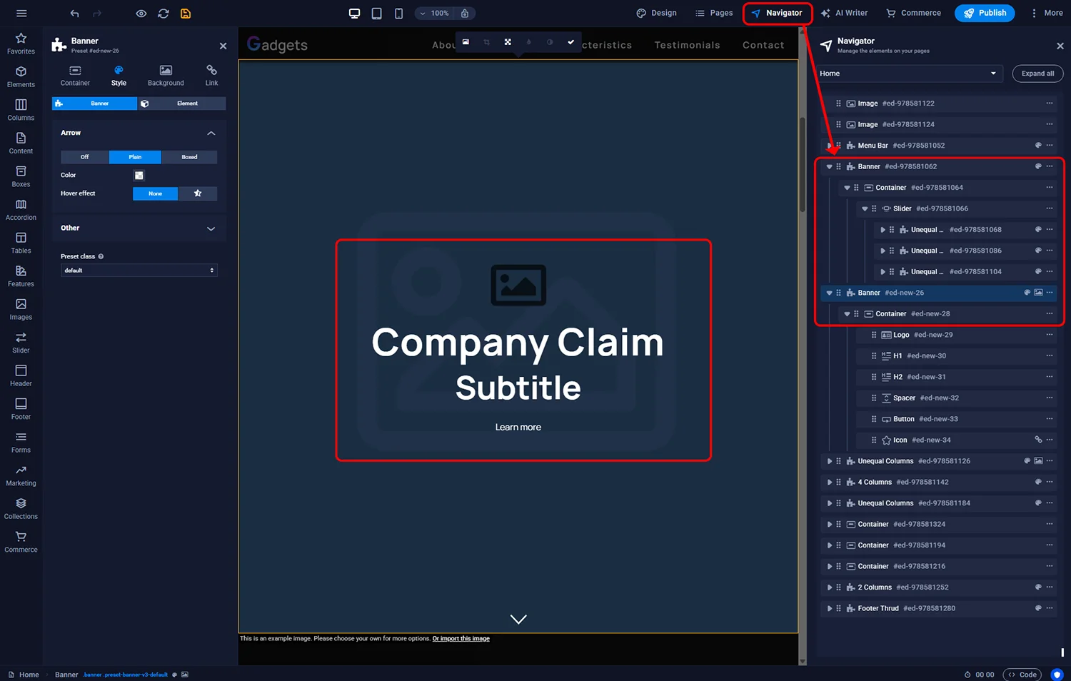 Configuring banner content with the Navigator panel