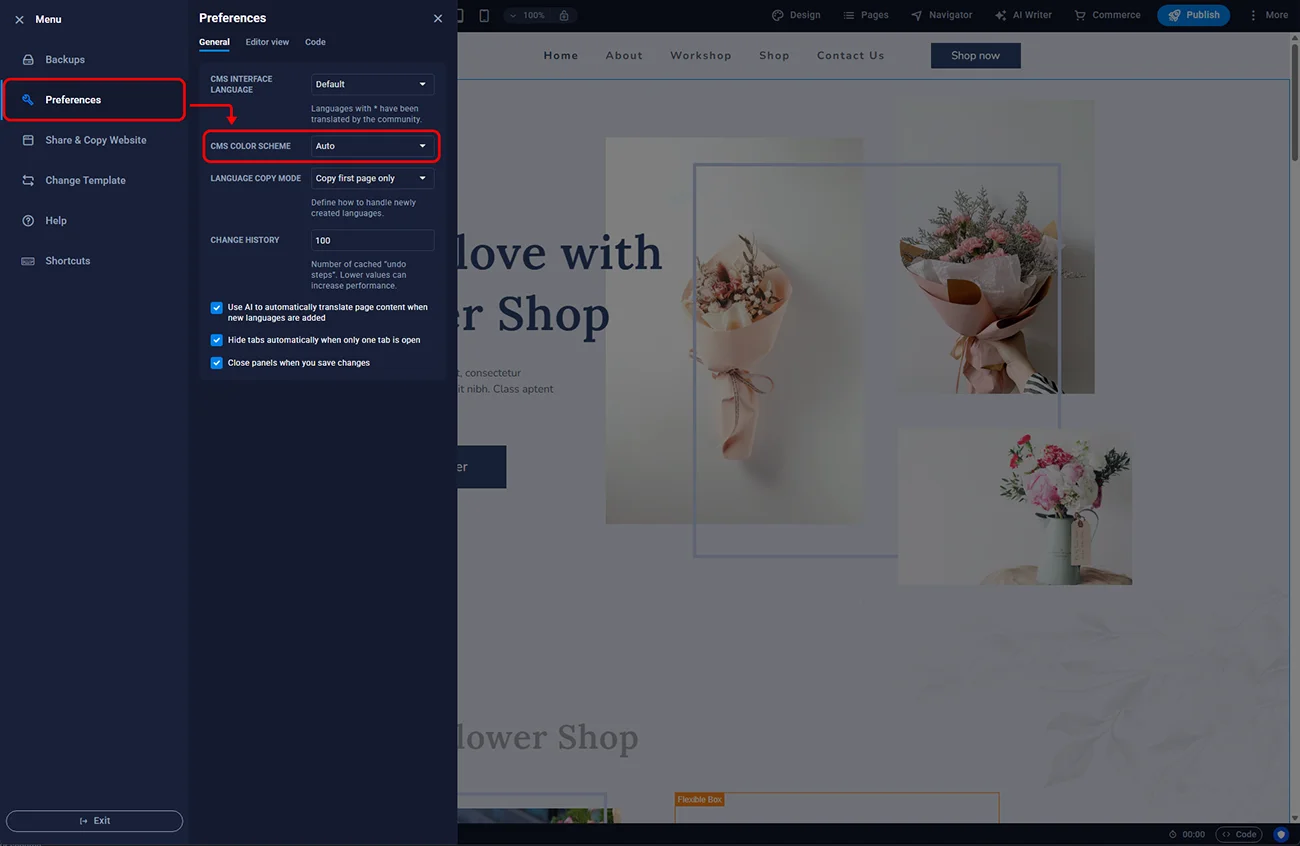 CMS Colour Scheme dropdown with Auto/Dark/Light