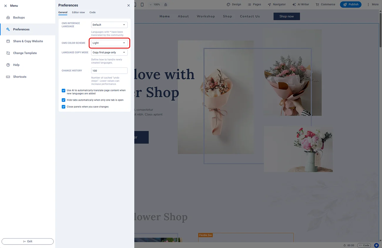 Sitejet editor in light mode