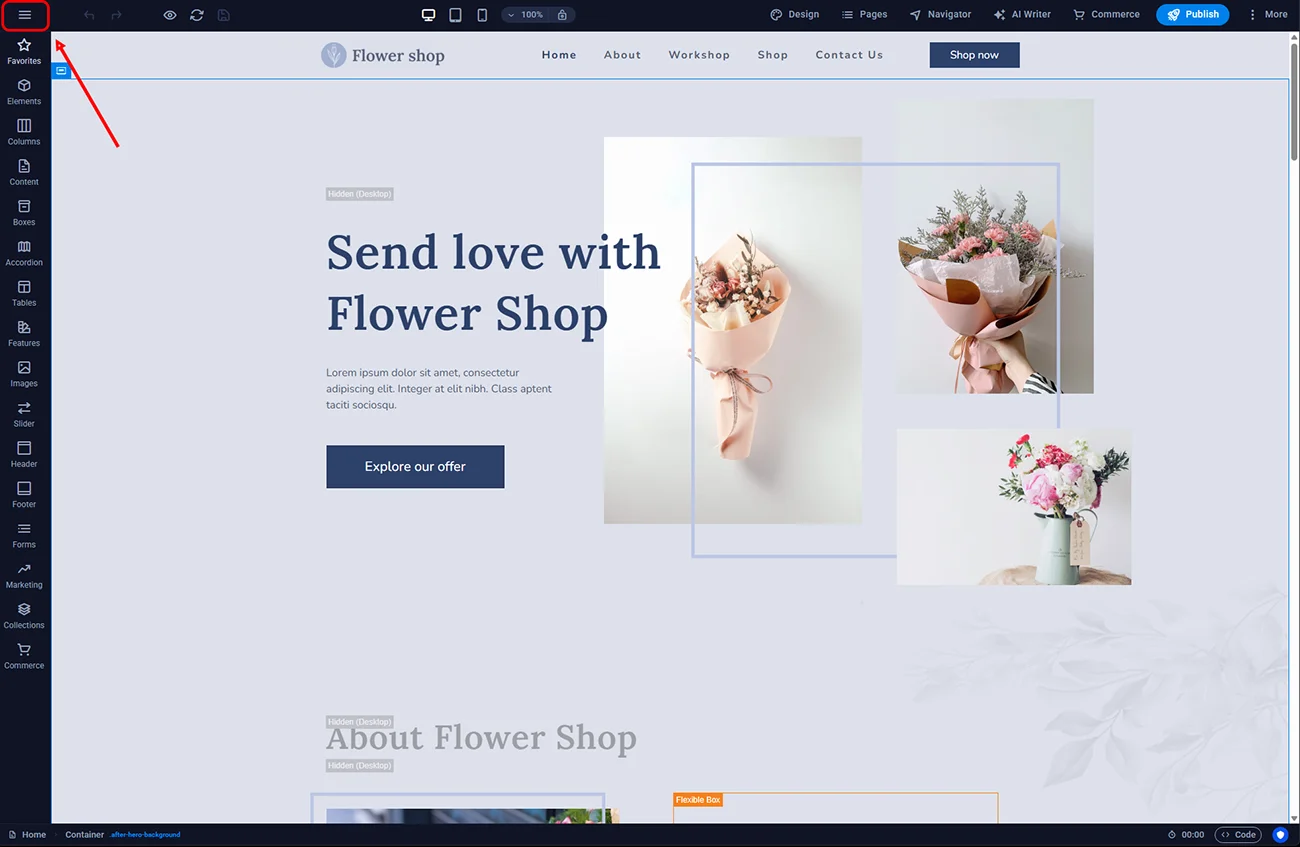 Opening the Sitejet editor menu