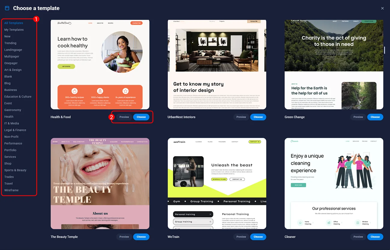 Sitejet Builder template catalogue