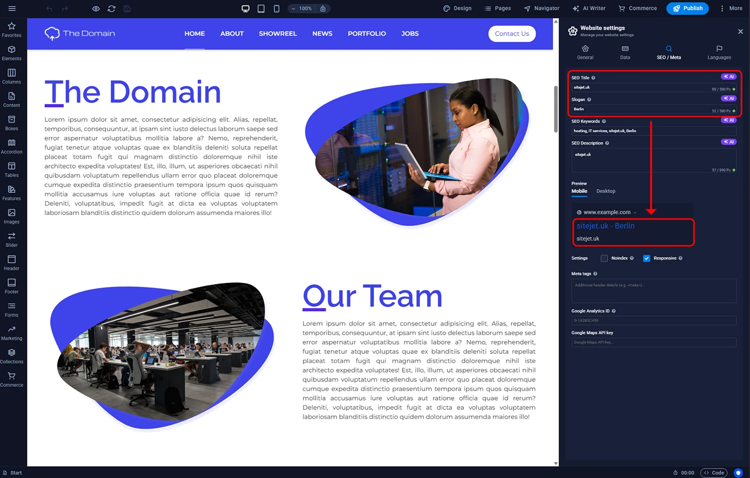 Page title and meta description fields