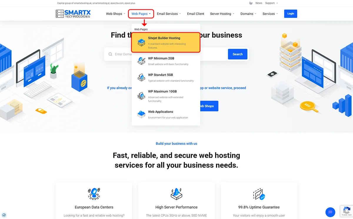 Selecting Sitejet Builder on smartxhosting.uk