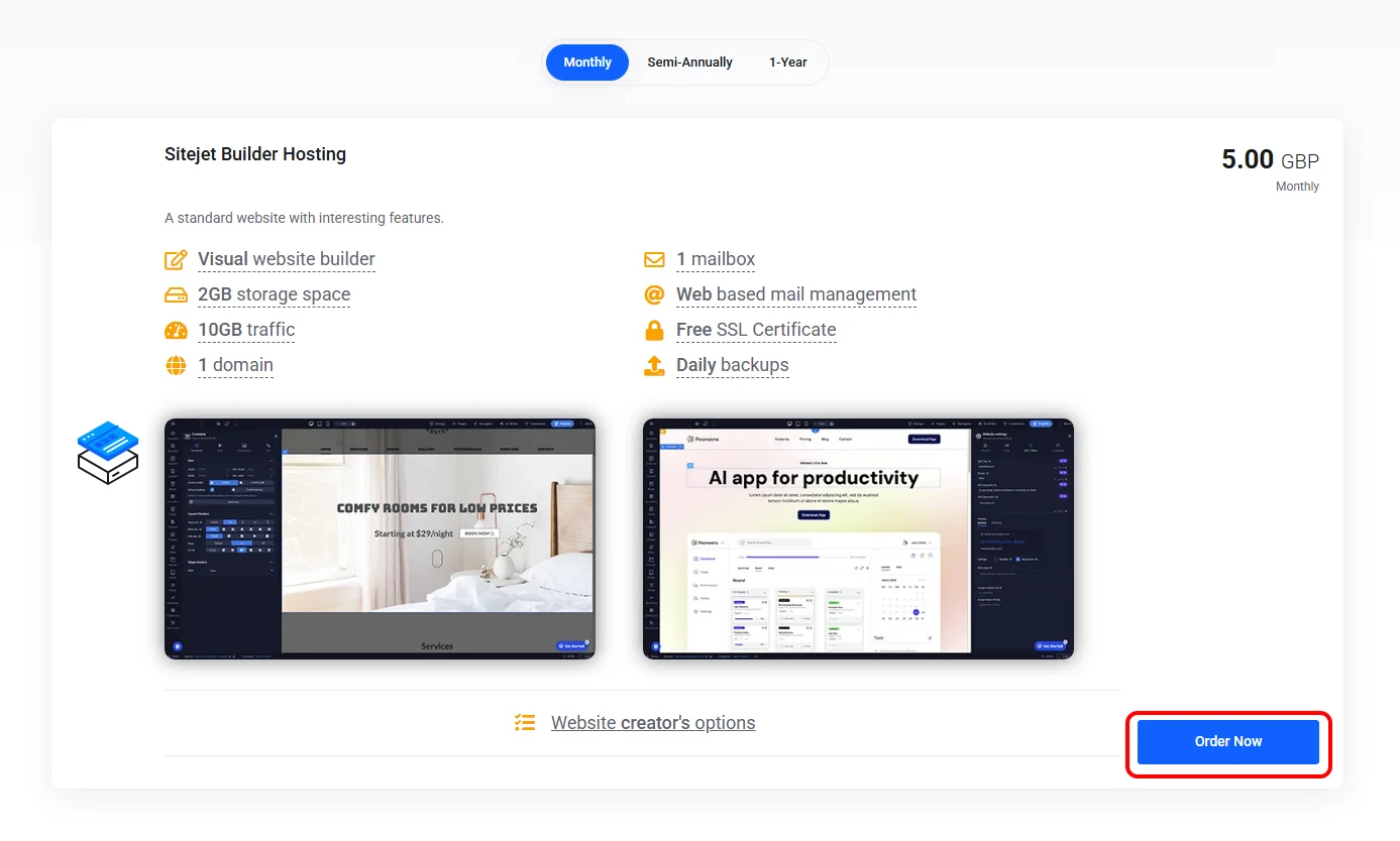 Starting the Sitejet Builder order in the basket