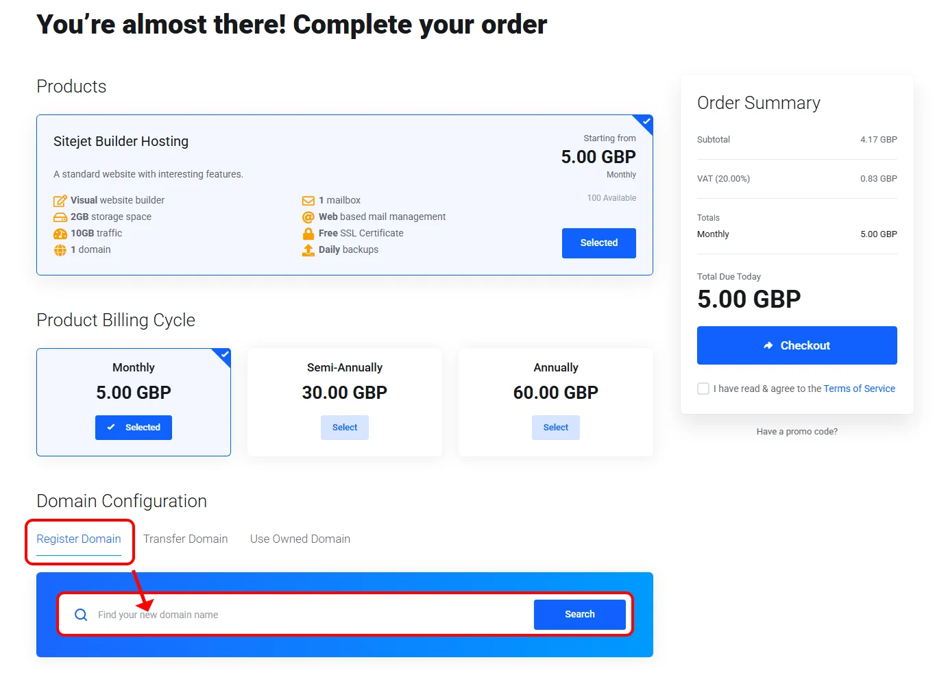 Register domain tab in the basket
