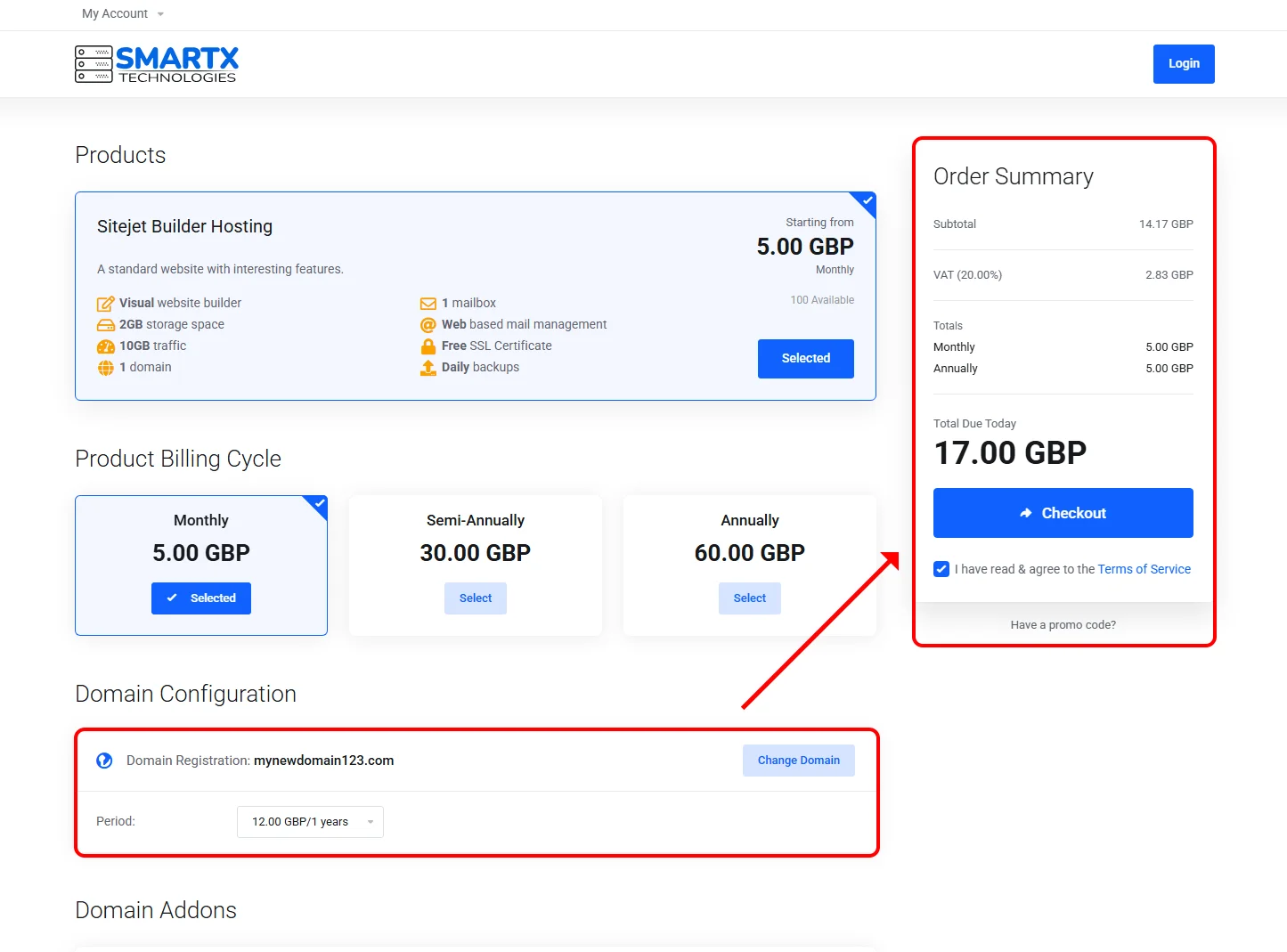 Domain added to the shopping basket