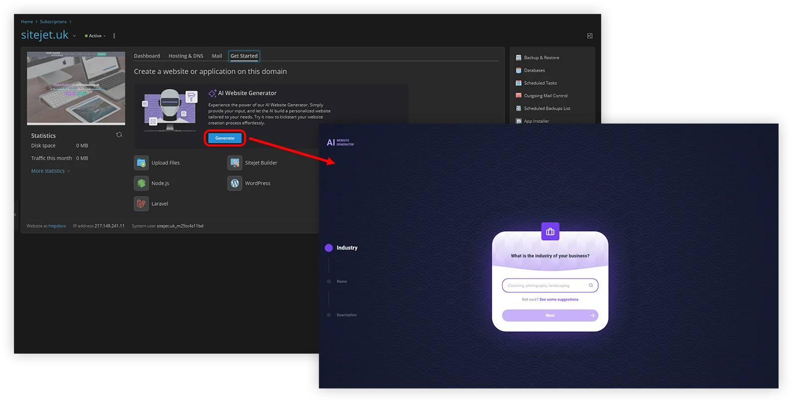 Plesk Get Started tab with Sitejet entry points